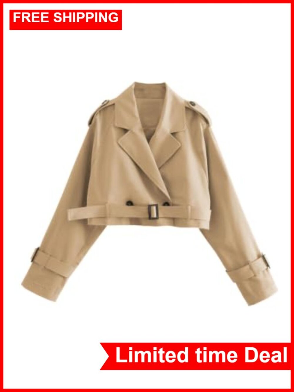 Women's Cropped Trench Coat Double Breasted Belted Casual Wind Jacket